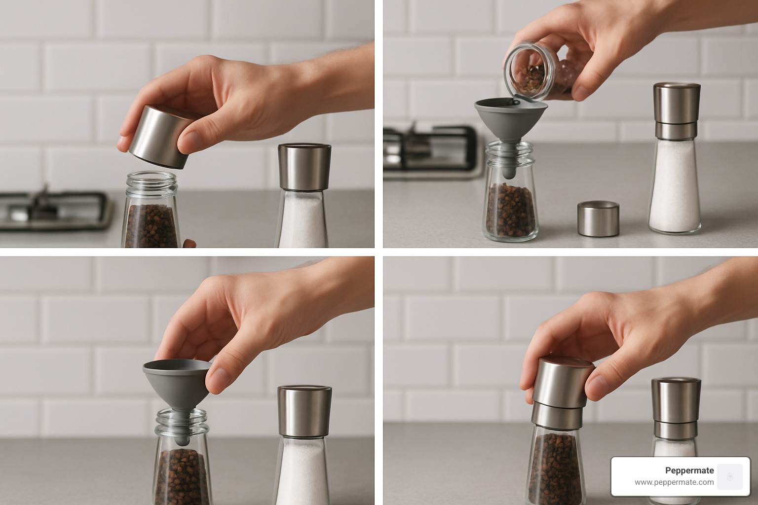 step-by-step grinder refill process - salt and pepper grinder set