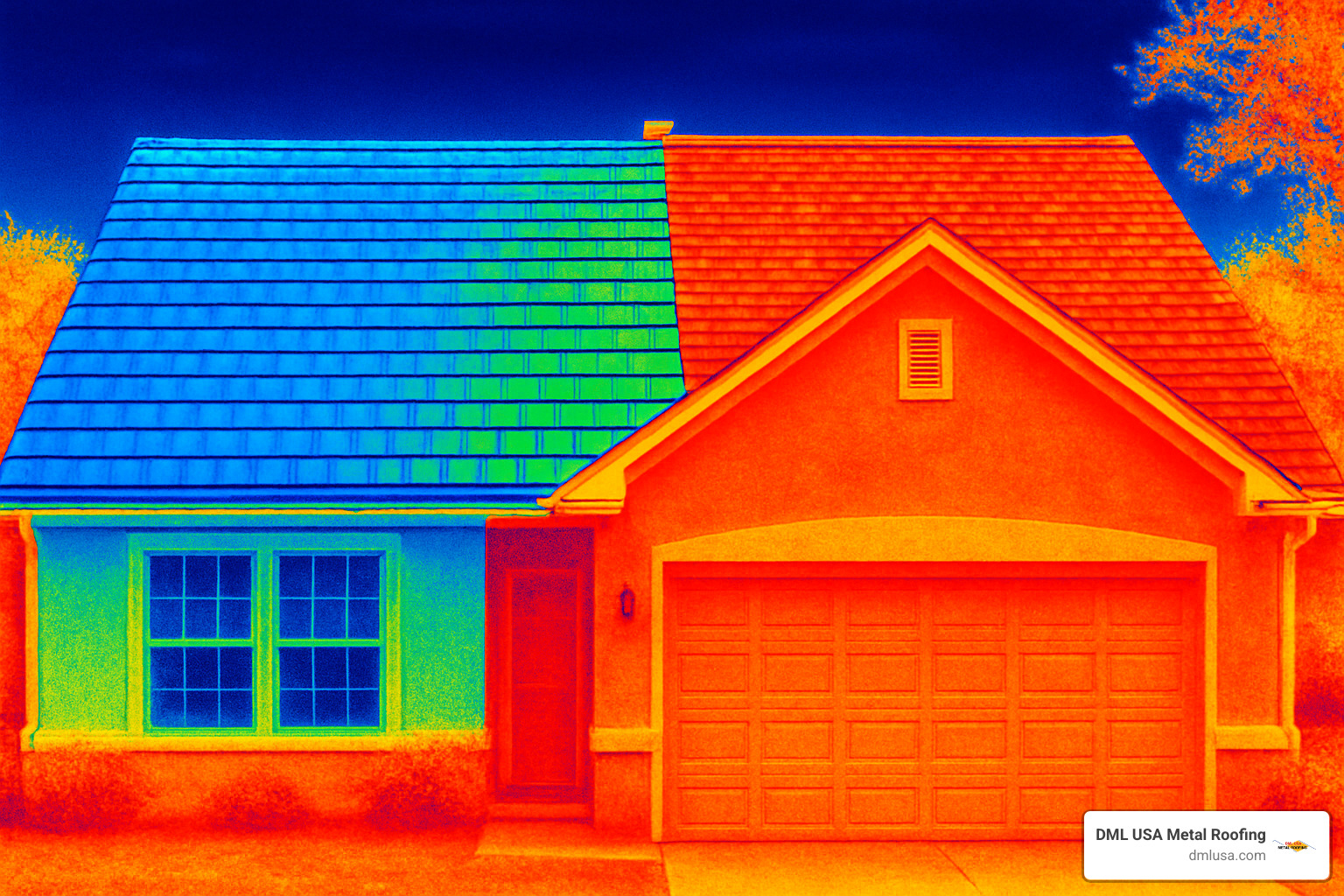 infrared thermal image comparison showing dramatically cooler surface temperatures on metal shingles versus traditional asphalt shingles - Eco-friendly metal shingles