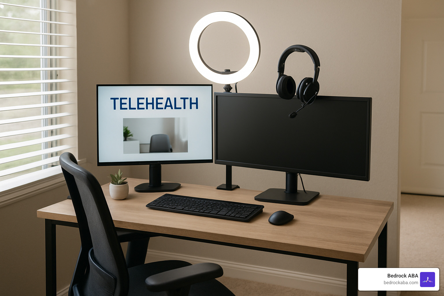 professional home office setup with ring light, headset, and dual monitors for telehealth sessions - rbt telehealth jobs