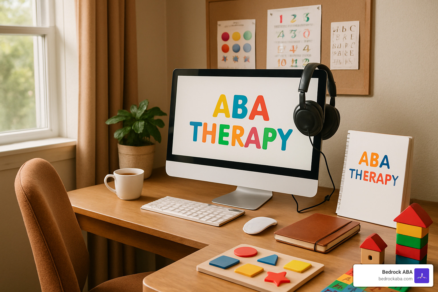 cozy home office setup with computer, headset, and therapy materials - rbt telehealth jobs