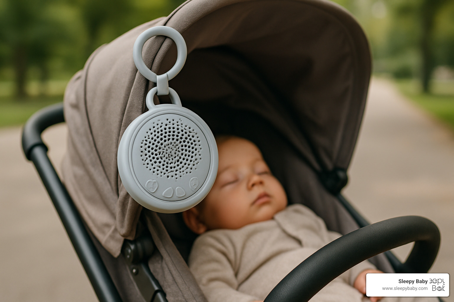 portable baby sleep noise machine clipped to stroller - baby sleep noise machine