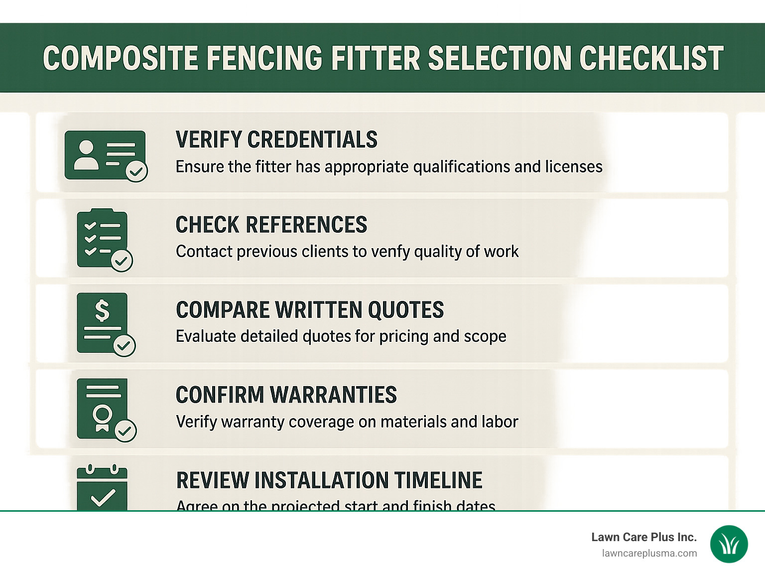 Infographic summarizing 5-step composite fencing fitter selection checklist: verify credentials, check references, compare written quotes, confirm warranties, and review installation timeline - composite fencing fitters near me infographic 
