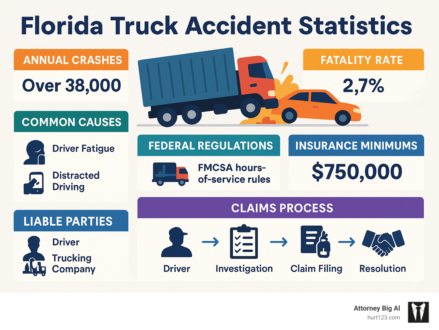 Detailed infographic showing Florida truck accident statistics including annual crash numbers, fatality rates, common causes like driver fatigue and distracted driving, liable parties from drivers to manufacturers, federal regulations like FMCSA hours-of-service rules, insurance minimums of $750,000, and the claims process timeline from crash to resolution - truck accident injury law infographic 