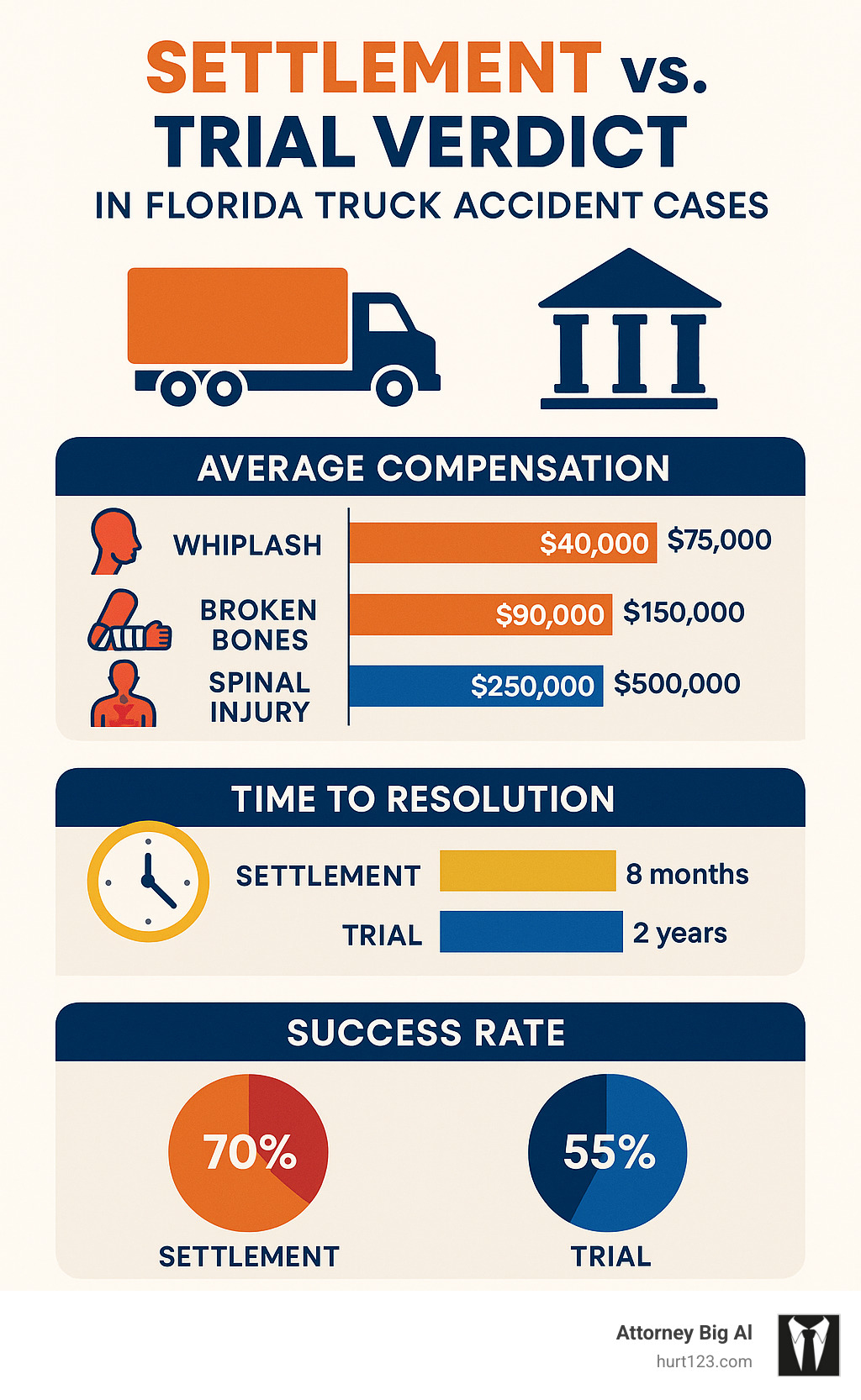 Comprehensive infographic displaying settlement versus trial verdict outcomes in Florida truck accident cases, showing average compensation amounts for different injury types, timeline comparisons between settlement and trial processes, and success rates for each approach - truck accident injury law infographic 