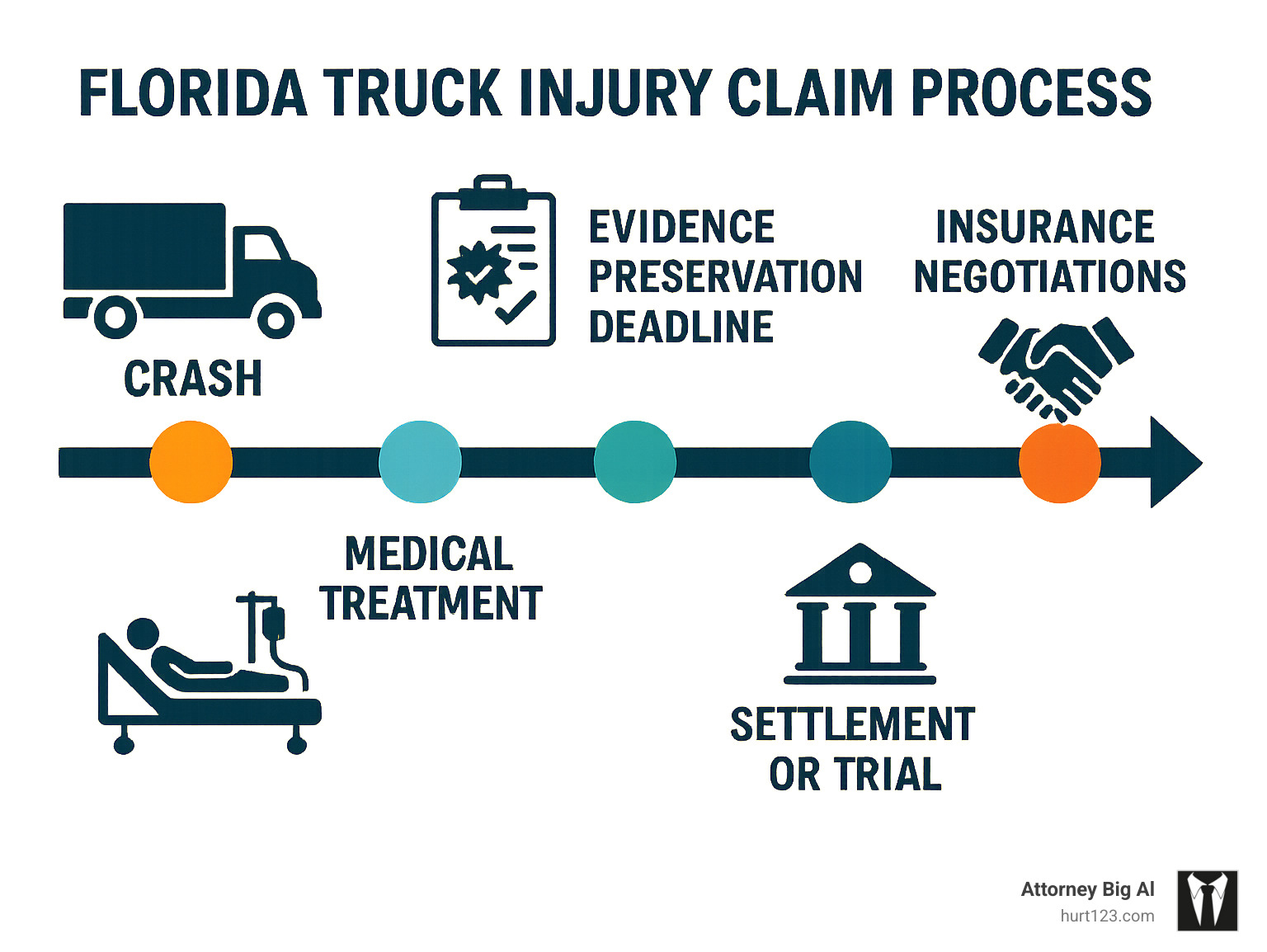 Comprehensive timeline infographic showing the Florida truck injury claim process from initial crash through final resolution, including key milestones like evidence preservation deadlines, medical treatment phases, insurance negotiations, lawsuit filing requirements, findy periods, and typical settlement or trial timeframes - truck accident injury law infographic 