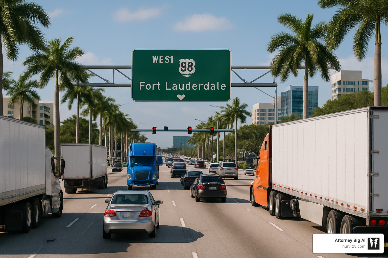 Fort Lauderdale highway intersection with commercial trucks and traffic - truck accident injury law