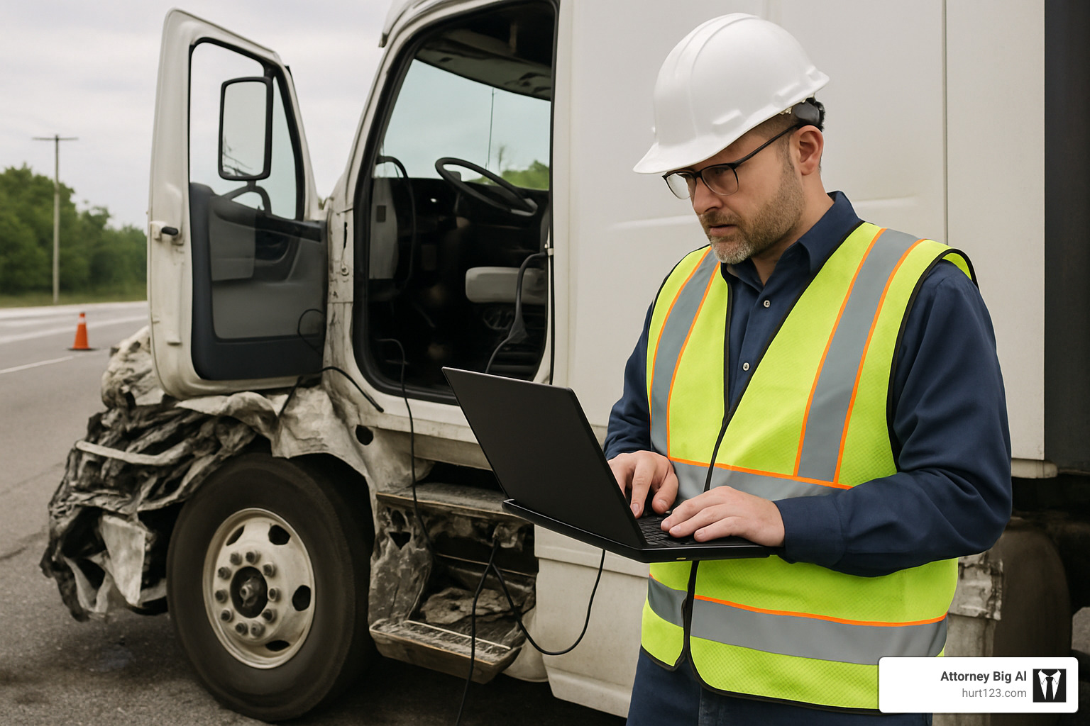 Professional accident investigator downloading black box data from commercial truck - truck accident injury law