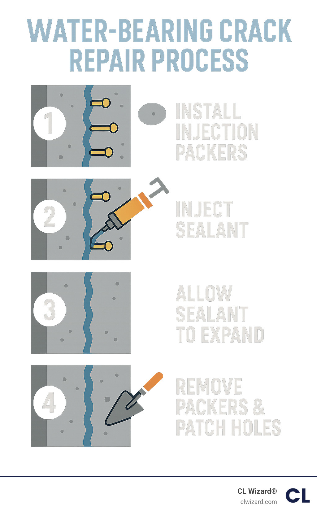 water bearing crack repair process - concrete crack injection infographic 