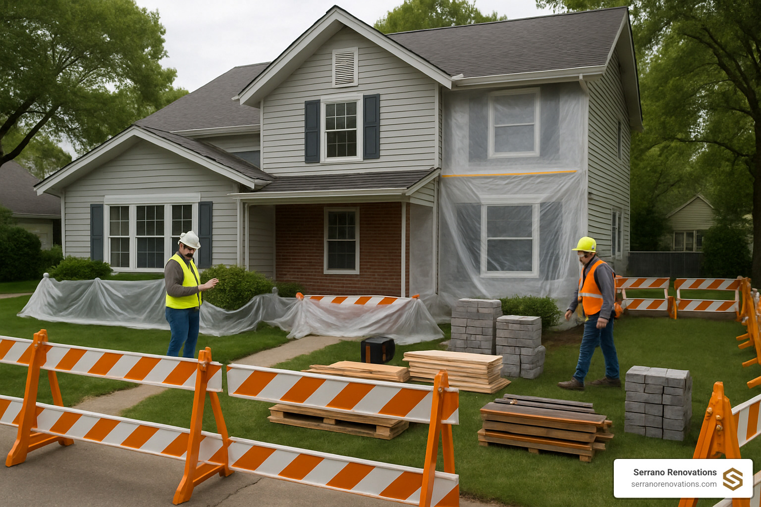 work zone setup around home exterior - exterior home remodel contractors near me