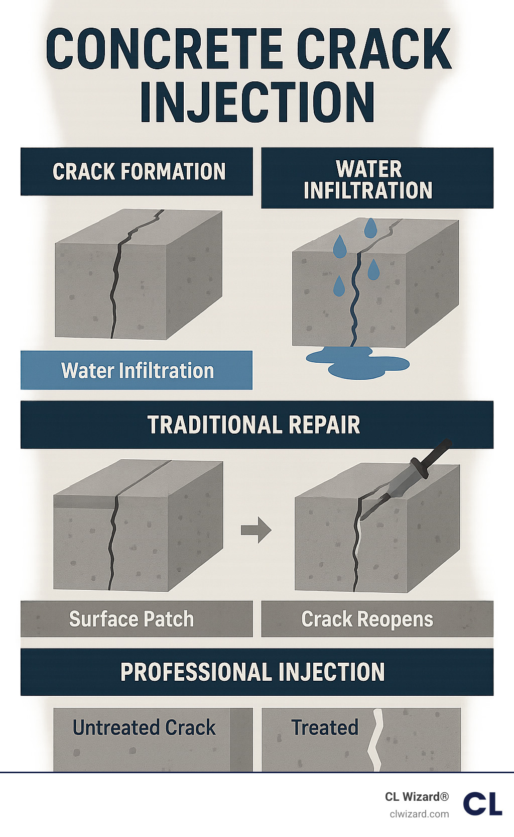 Detailed infographic showing concrete crack formation process, water infiltration paths, traditional repair failures, and professional injection solution with cross-sectional views of treated vs untreated cracks - concrete crack injection infographic 