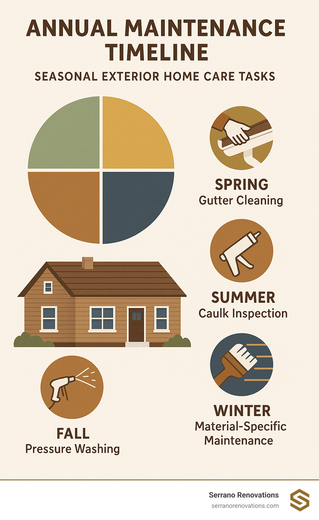 Annual maintenance timeline showing seasonal exterior home care tasks including gutter cleaning, caulk inspection, pressure washing, and material-specific maintenance schedules - exterior home remodel contractors near me infographic 