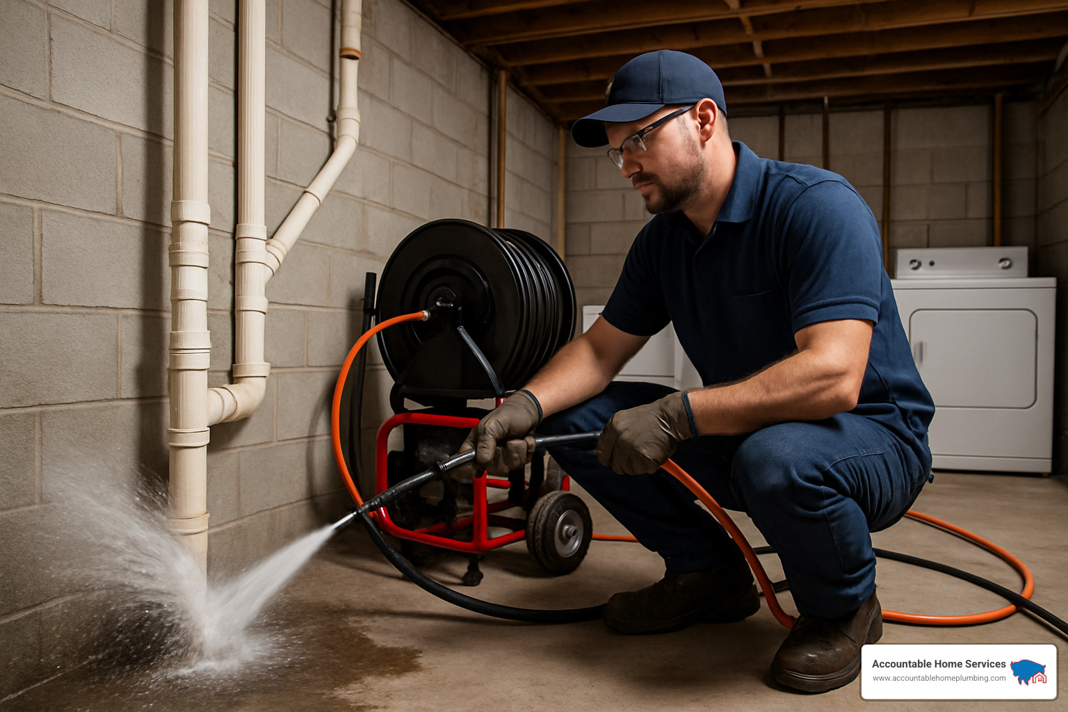 Hydro-jetting equipment clearing blocked drain pipes with high-pressure water - 24 7 plumbing and drain