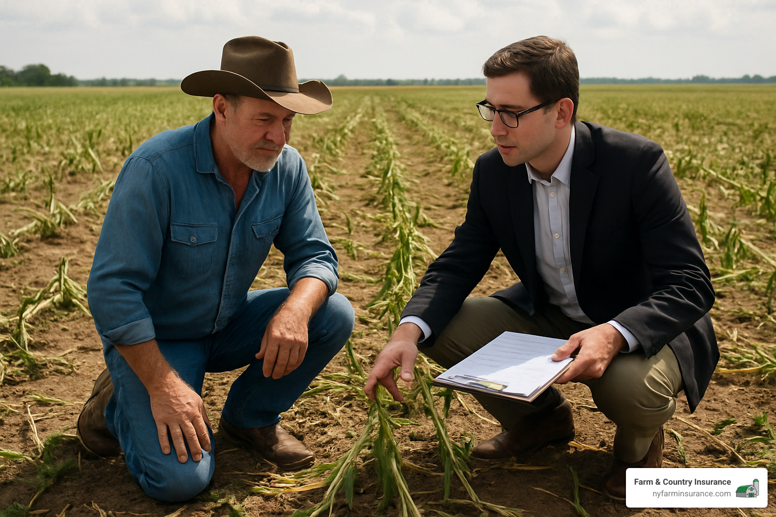 farmer meeting with insurance adjuster in field after crop damage - agriculture insurance near me
