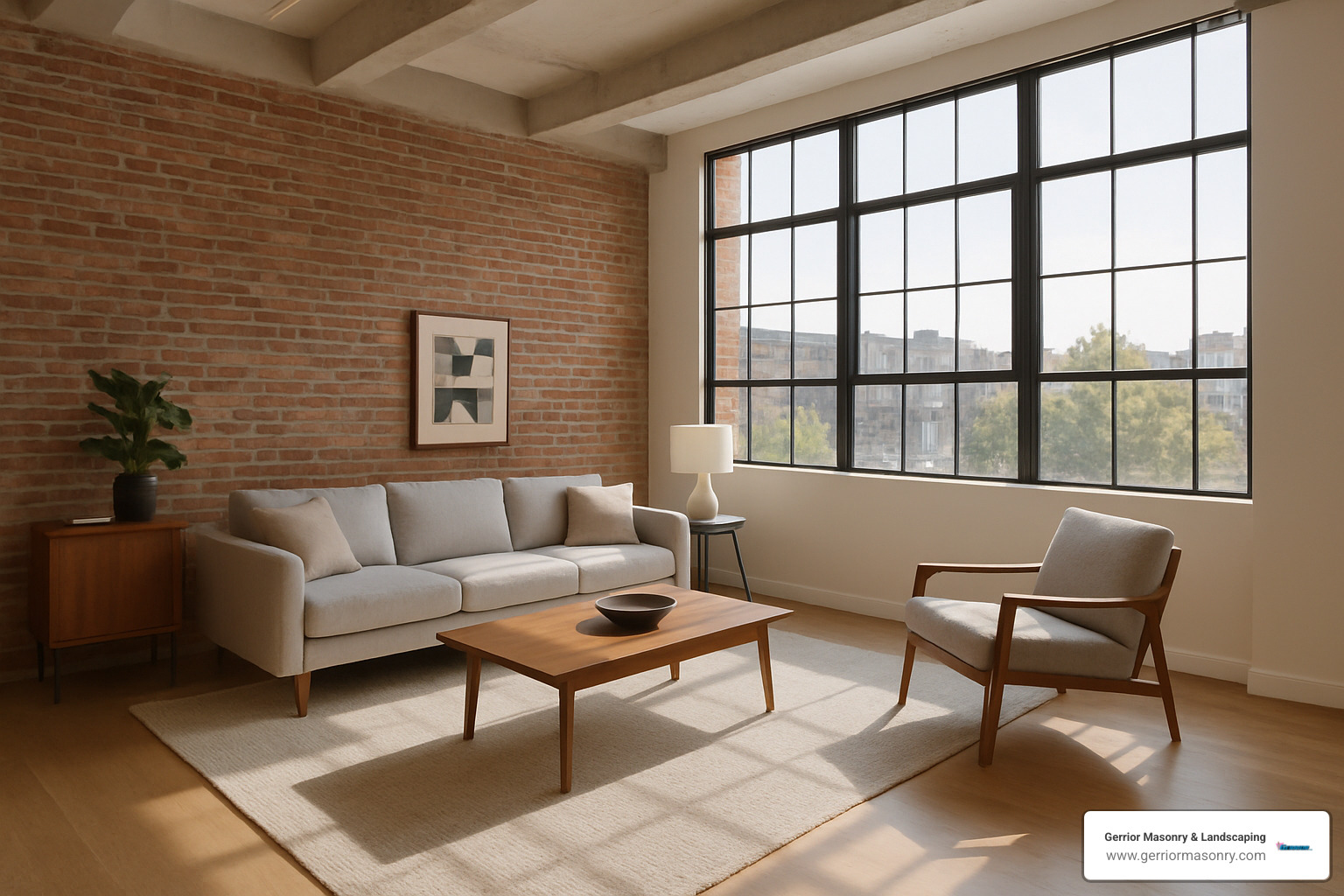 exposed brick accent wall in modern loft interior - brick and stone walls