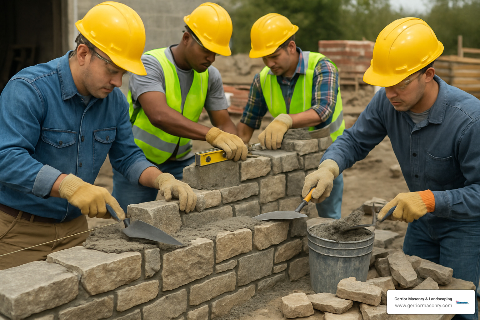 professional masonry crew installing stone wall with proper equipment and safety procedures - brick and stone walls