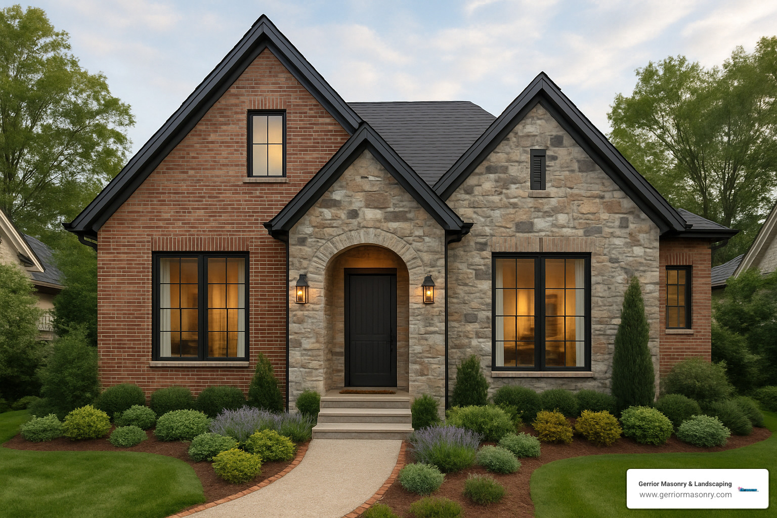 modern cottage with mixed brick and stone exterior walls - brick and stone walls