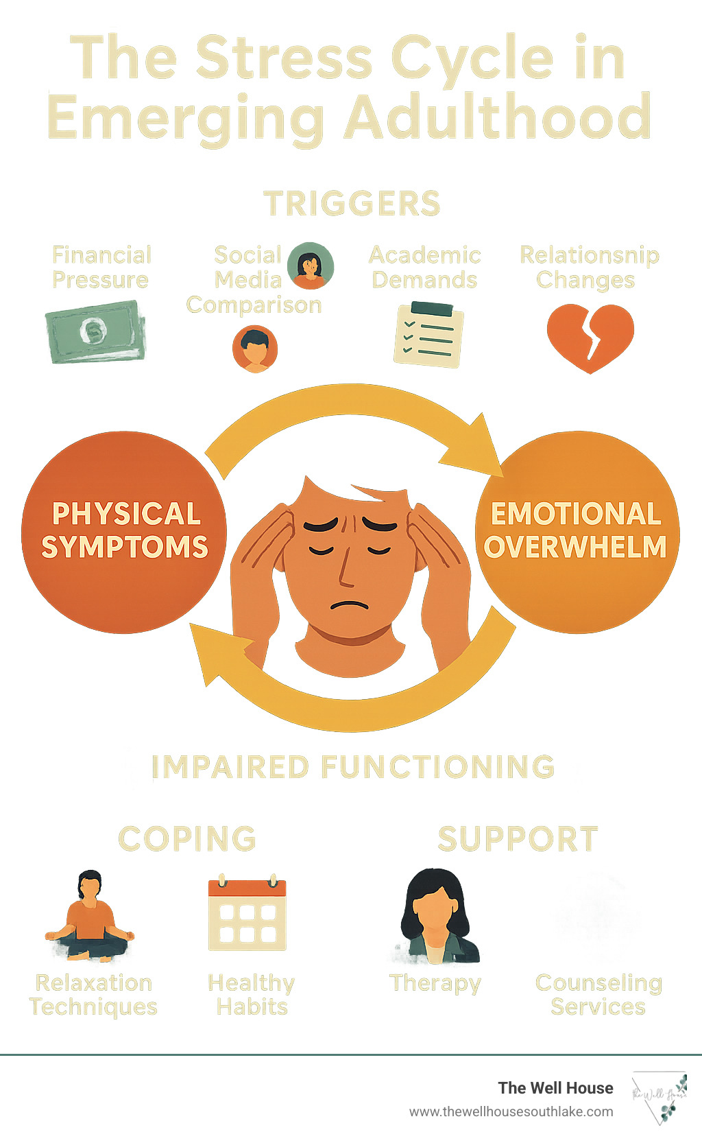 Infographic showing the stress cycle in emerging adulthood with triggers like financial pressure, social media comparison, academic demands, and relationship changes leading to physical symptoms, emotional overwhelm, and impaired functioning, followed by effective coping strategies and professional support options - stress management young adults infographic 