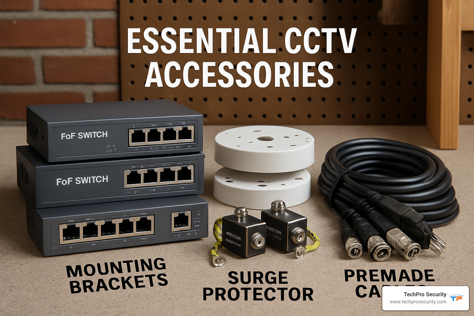 Essential CCTV accessories including PoE switches, mounting brackets, surge protectors, and premade cables laid out on a workspace - cctv camera store