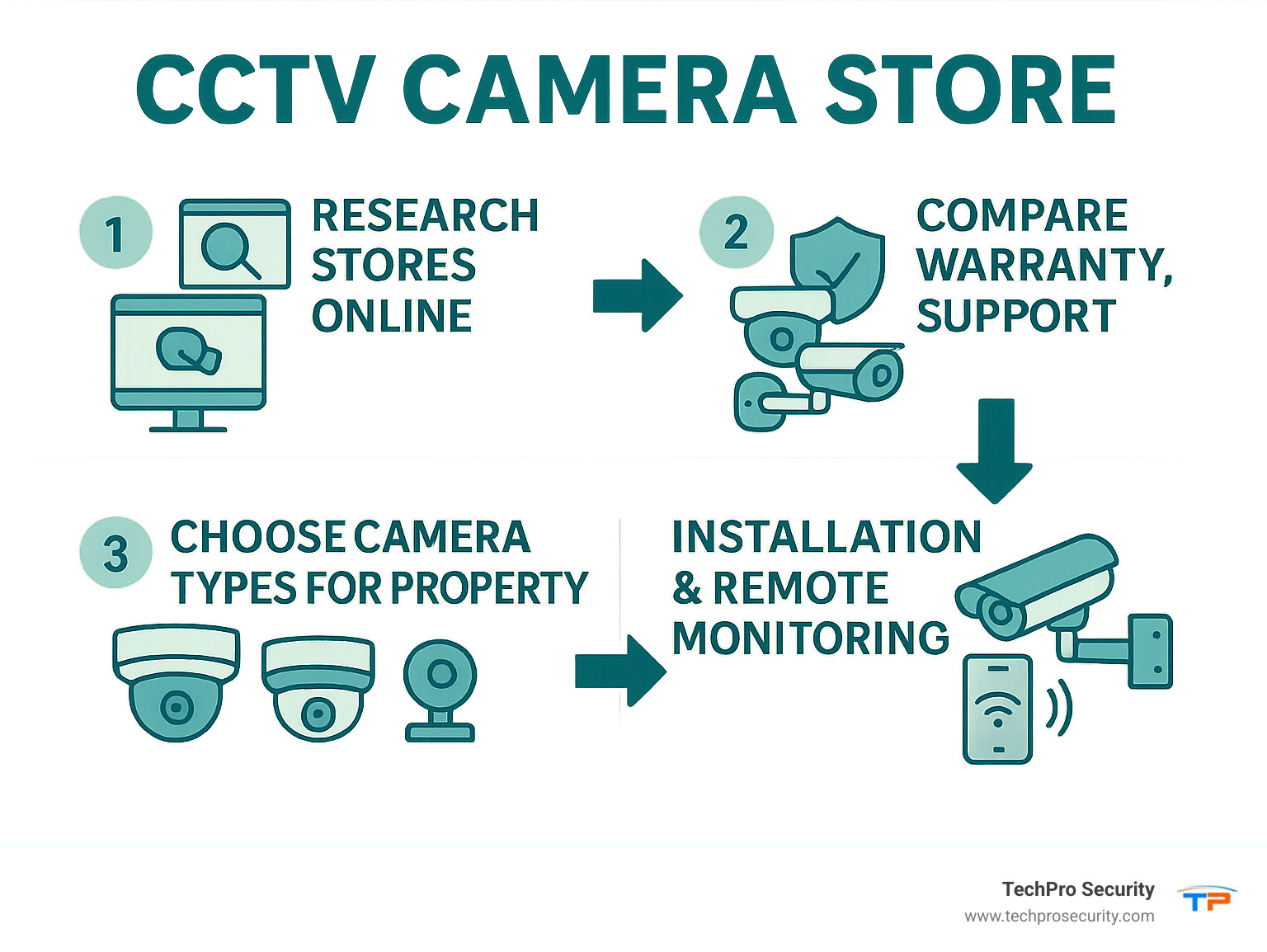 Comprehensive guide showing the step-by-step process from researching CCTV camera stores online, comparing features like warranty and support options, selecting the right camera types for your property, through to final installation and remote monitoring setup - cctv camera store infographic 