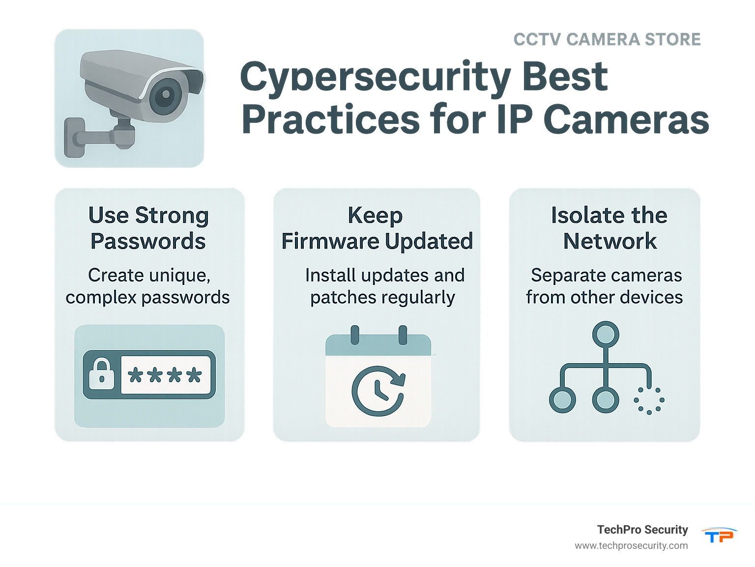 Infographic showing cybersecurity best practices for IP cameras including password strength requirements, update schedules, and network isolation techniques - cctv camera store infographic 
