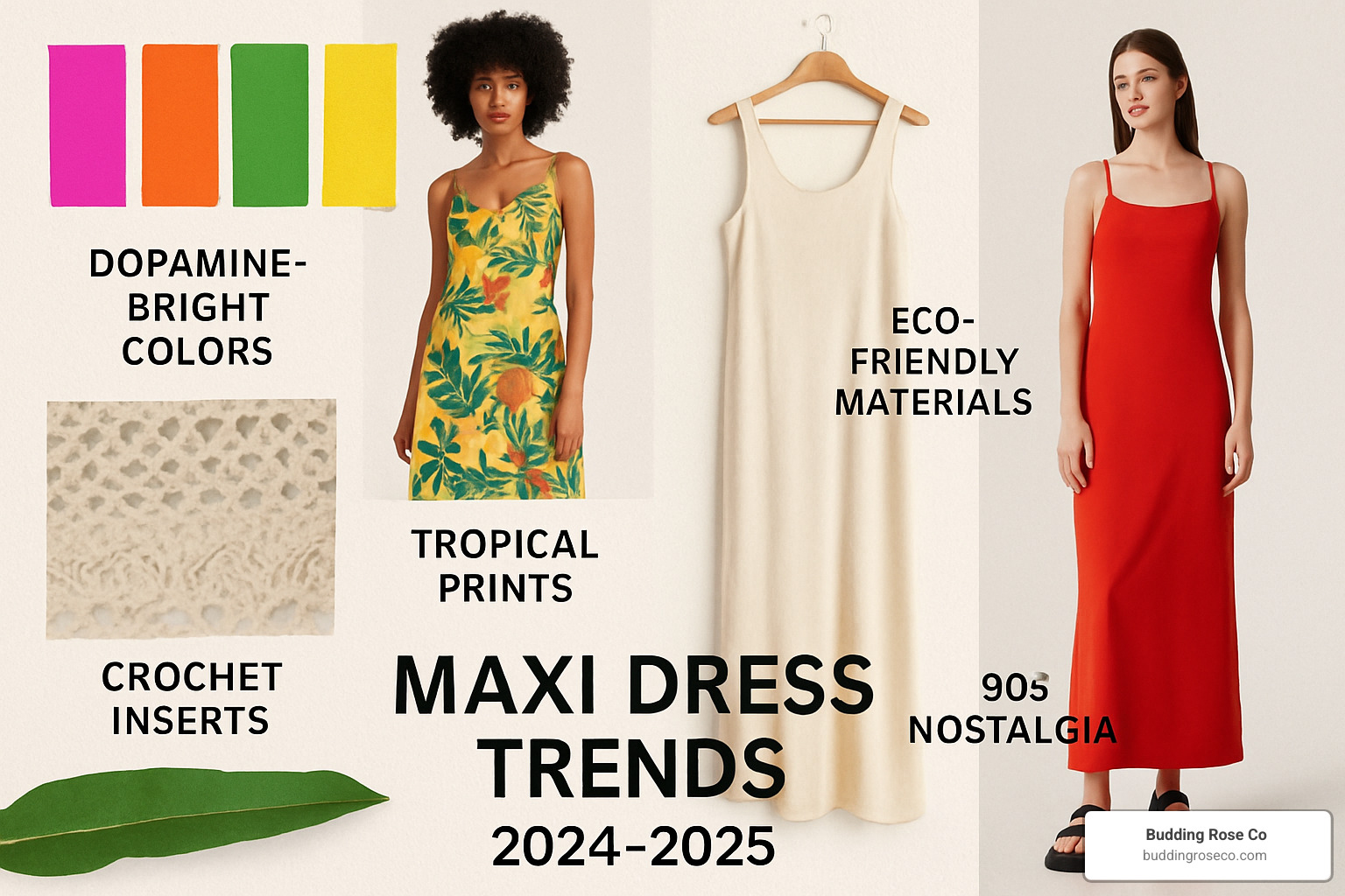 Mood board showing trending colors including dopamine brights, tropical prints, crochet inserts, eco-friendly fabrics, and 90s nostalgia elements in maxi dress designs - cute cheap maxi dresses