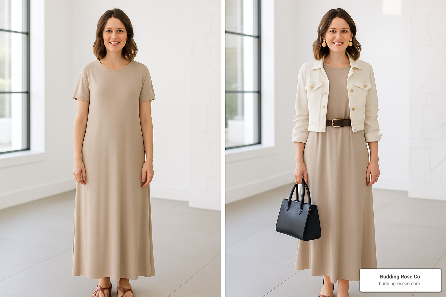 Before and after styling comparison showing a basic maxi dress transformed with accessories, layering pieces, and styling tricks to look more expensive - cute cheap maxi dresses