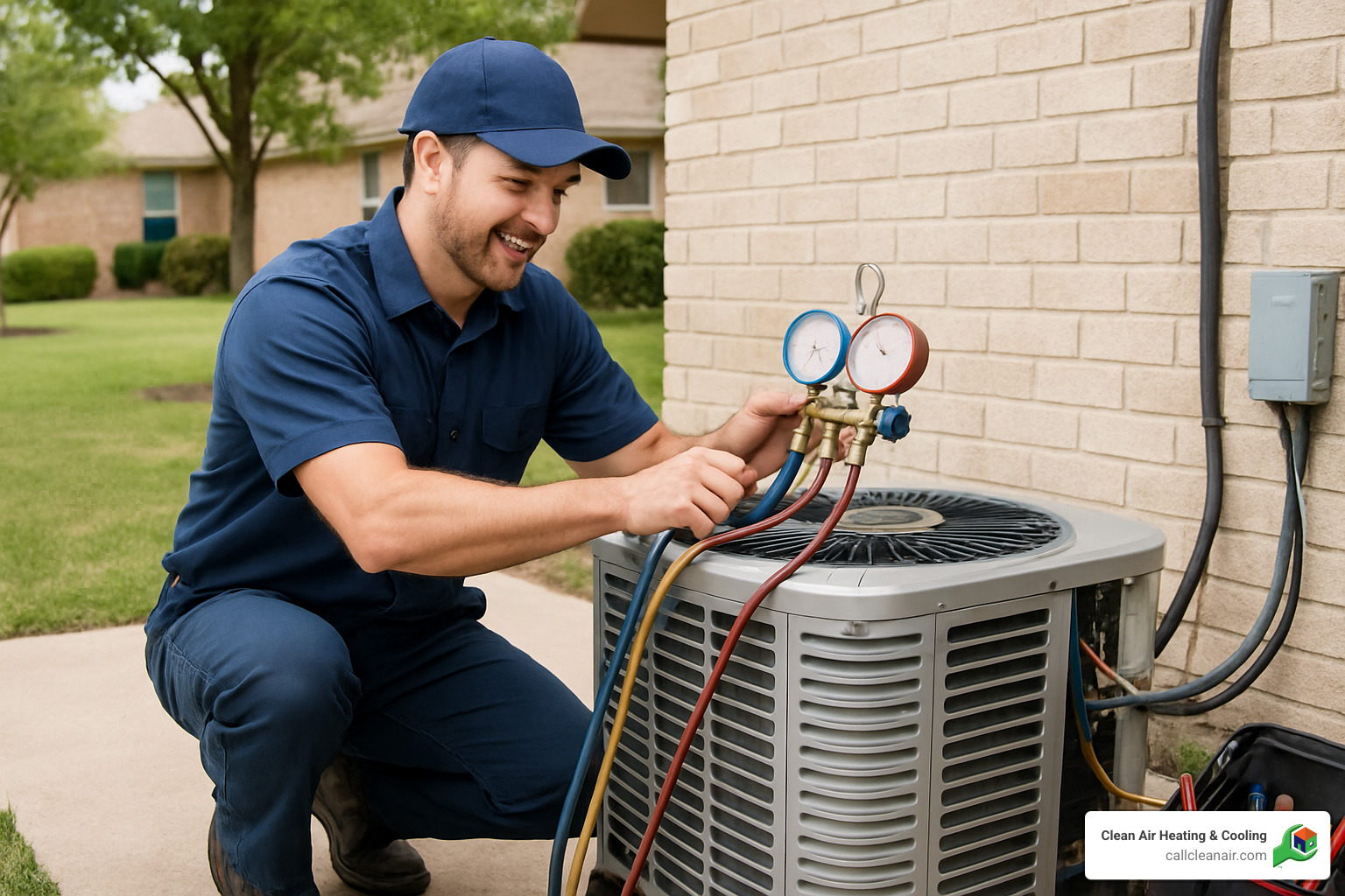 HVAC technician performing seasonal air conditioning maintenance and tune-up - air conditioning repair
