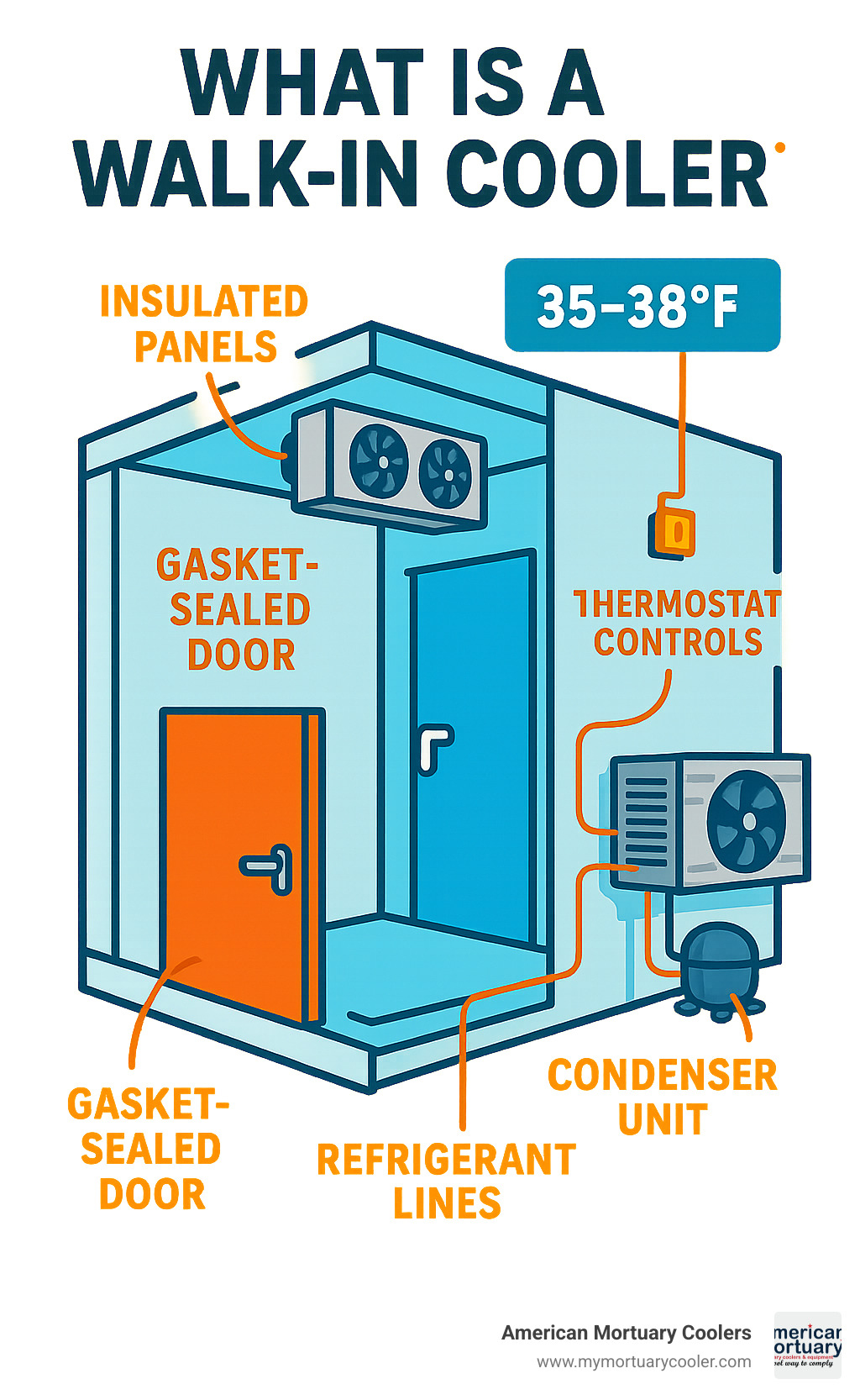 Detailed infographic showing walk-in cooler cross-section with labeled components including insulated panels, evaporator coils, condenser unit, compressor, thermostat controls, gasket-sealed door, and refrigerant lines with temperature zones marked - What is a walk-in cooler infographic 