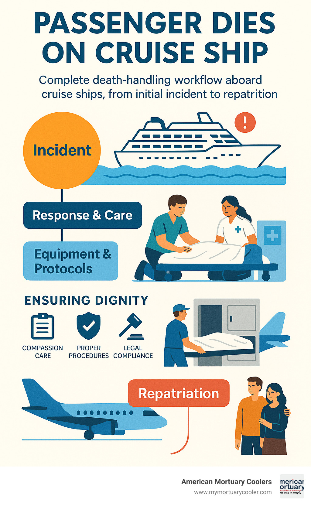 Final infographic summarizing the complete death-handling workflow aboard cruise ships, from initial incident through repatriation, highlighting the importance of proper equipment, protocols, and compassionate care in maintaining dignity throughout the process - passenger dies on cruise ship infographic 