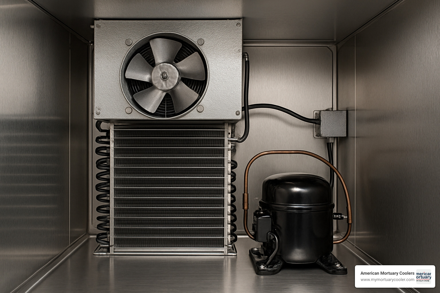 Refrigeration coils and compressor system inside morgue fridge - body in morgue fridge