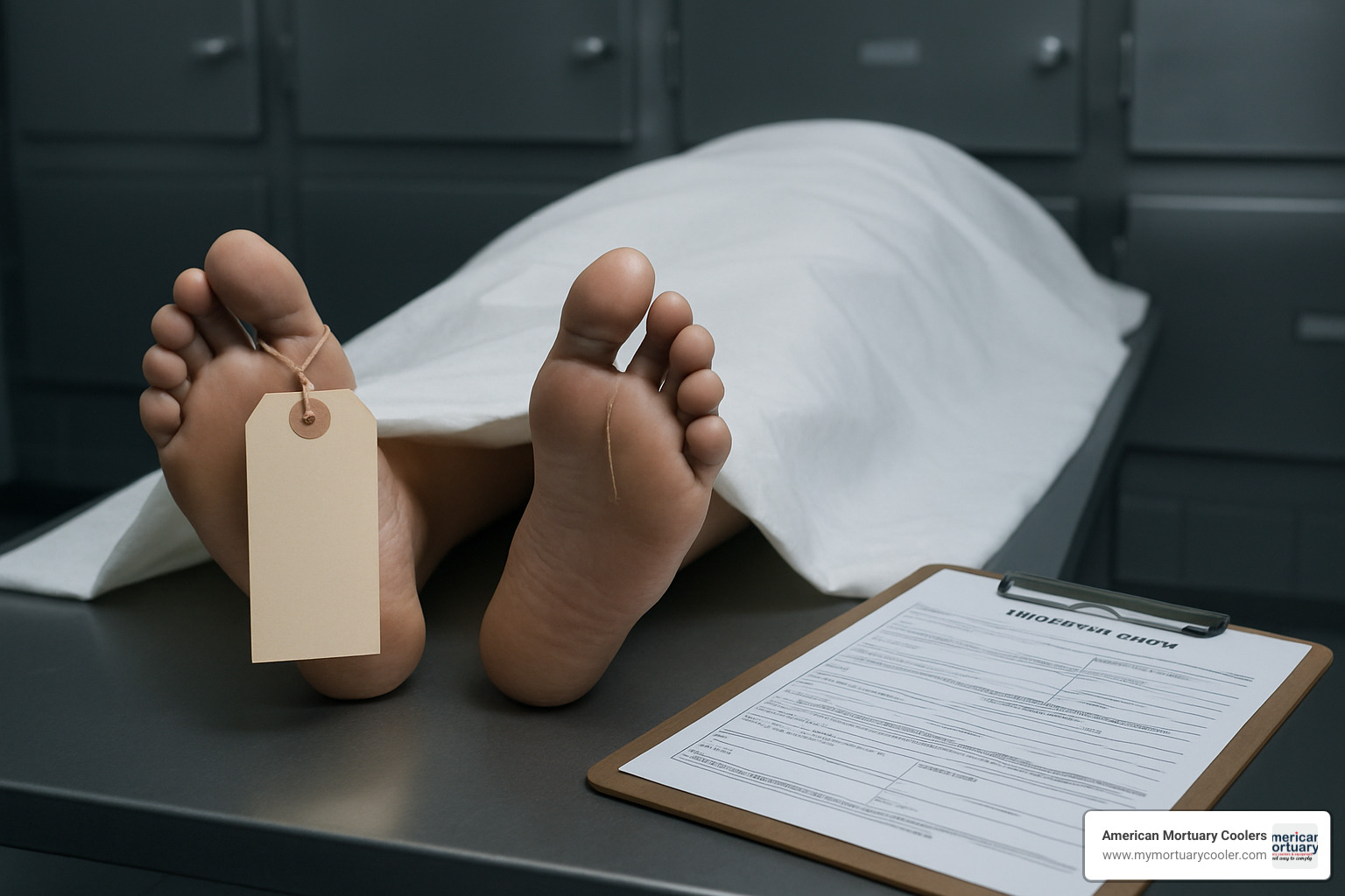 Toe tag and documentation paperwork in morgue setting - body in morgue fridge