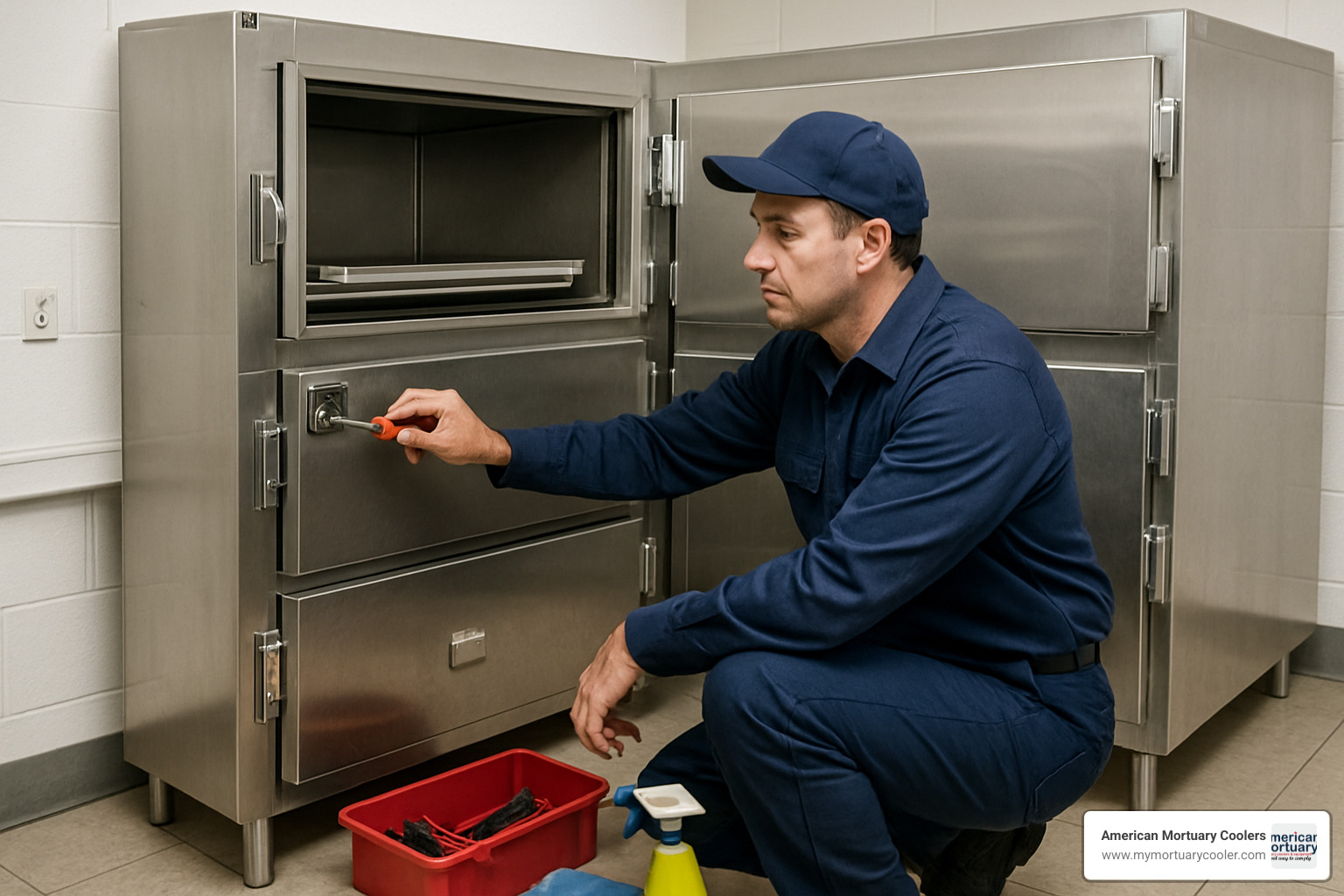 technician performing maintenance on mortuary cooler - three body mortuary cooler