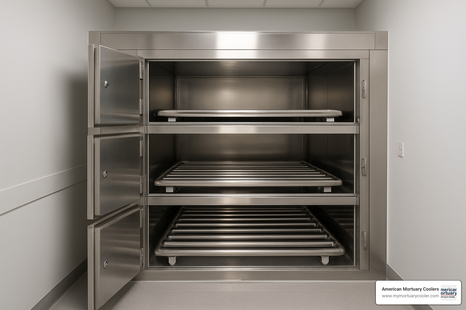 interior roller rack system in three body mortuary cooler - three body mortuary cooler