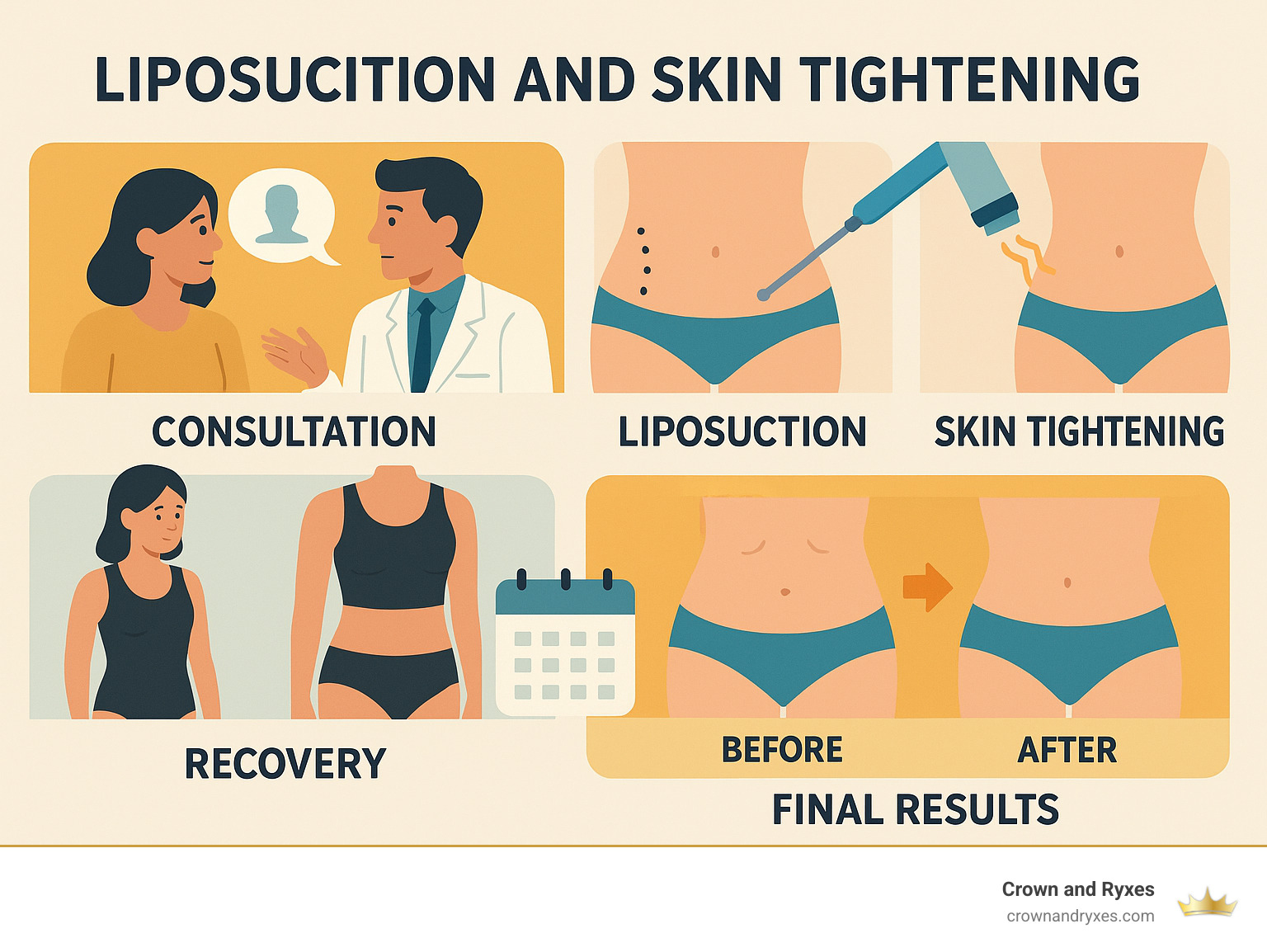 Detailed infographic showing the step-by-step process from initial liposuction consultation through skin tightening treatment options, recovery timeline, and final results comparison between liposuction alone versus combined liposuction and skin tightening procedures - Liposuction and skin tightening infographic 