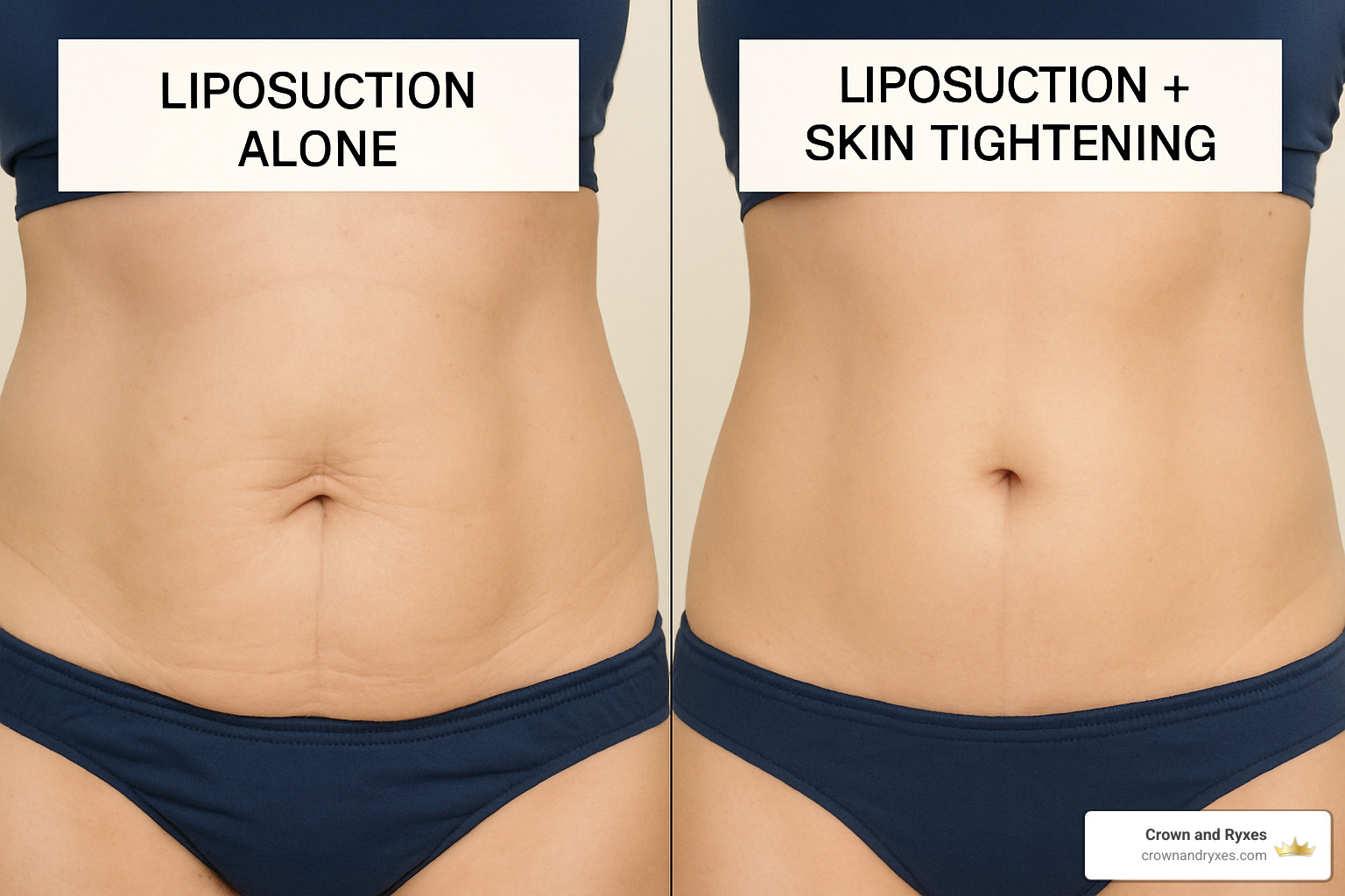 Comparison showing results of liposuction alone versus liposuction combined with skin tightening procedures - Liposuction and skin tightening