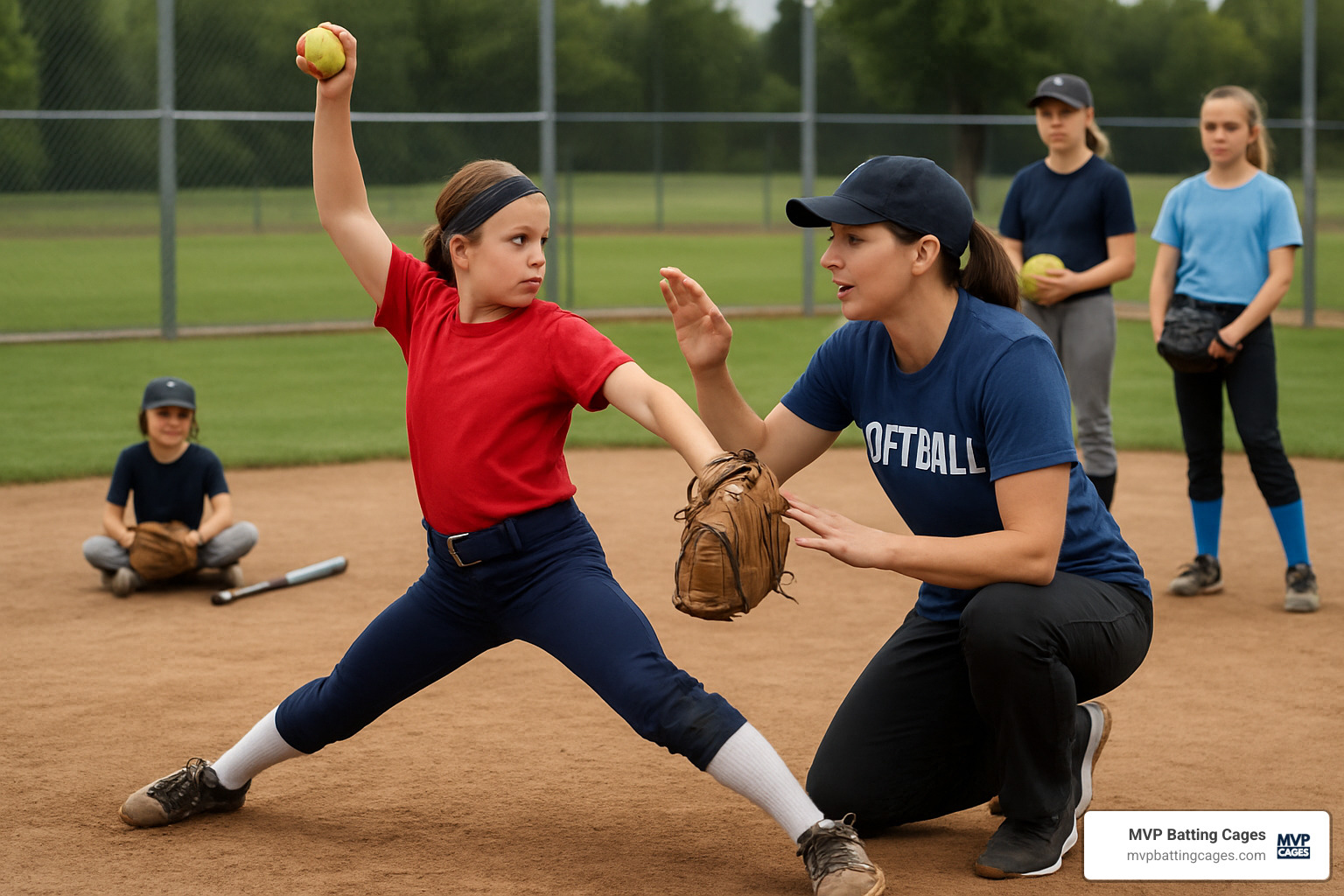 Coach providing individualized feedback to young pitcher during clinic session - softball pitching clinics