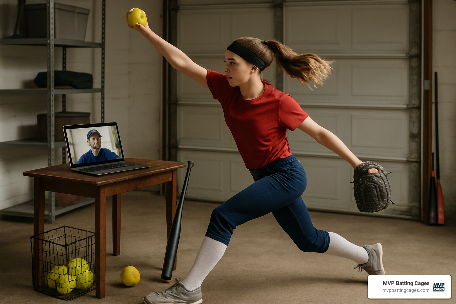 Athlete participating in virtual pitching lesson via video call - softball pitching clinics