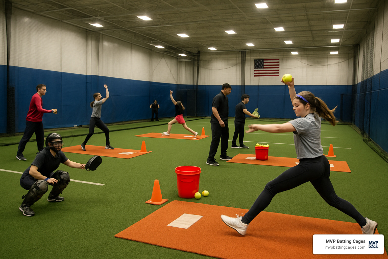 Multiple drill stations set up during softball pitching clinic session - softball pitching clinics