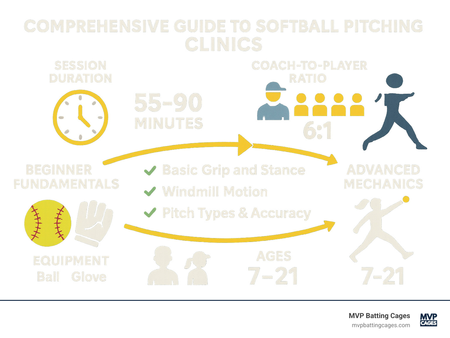 Comprehensive guide to softball pitching clinic structure showing progression from beginner fundamentals through advanced mechanics, including typical session duration of 55-90 minutes, 6:1 coach-to-player ratios, equipment requirements, and skill development milestones for ages 7-21 - softball pitching clinics infographic 