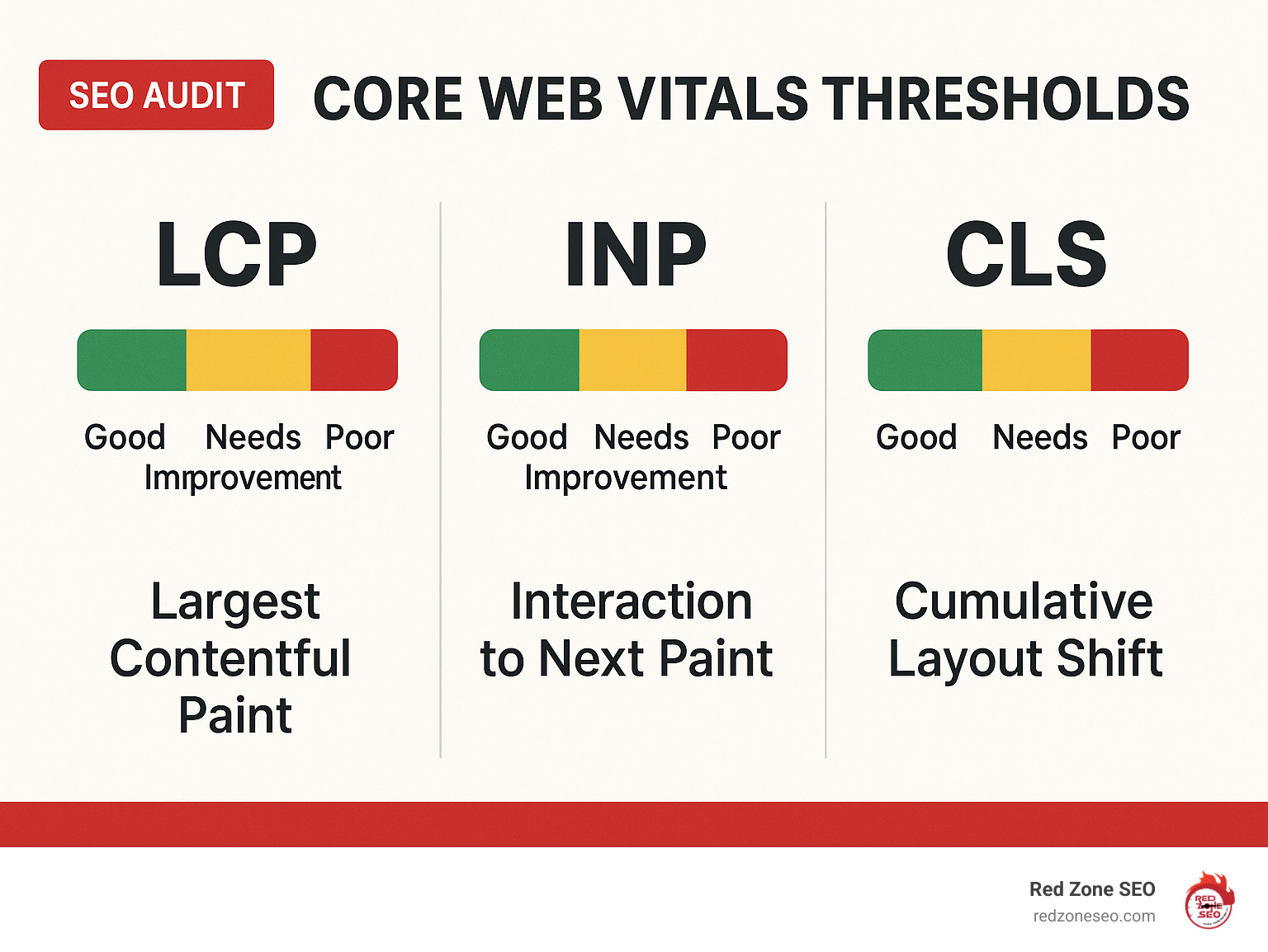 Core Web Vitals thresholds showing good, needs improvement, and poor ranges for LCP, INP, and CLS metrics - seo audit infographic 