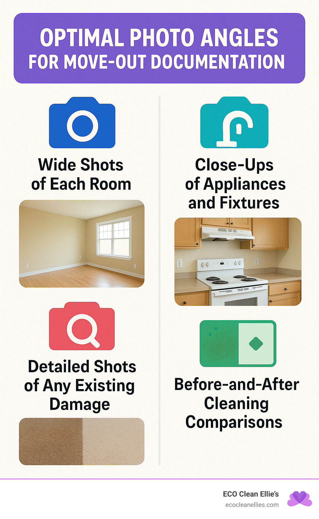 Infographic showing optimal photo angles for move-out documentation: wide shots of each room, close-ups of appliances and fixtures, detailed shots of any existing damage, before-and-after cleaning comparisons - move out cleaning lawrence ks infographic 