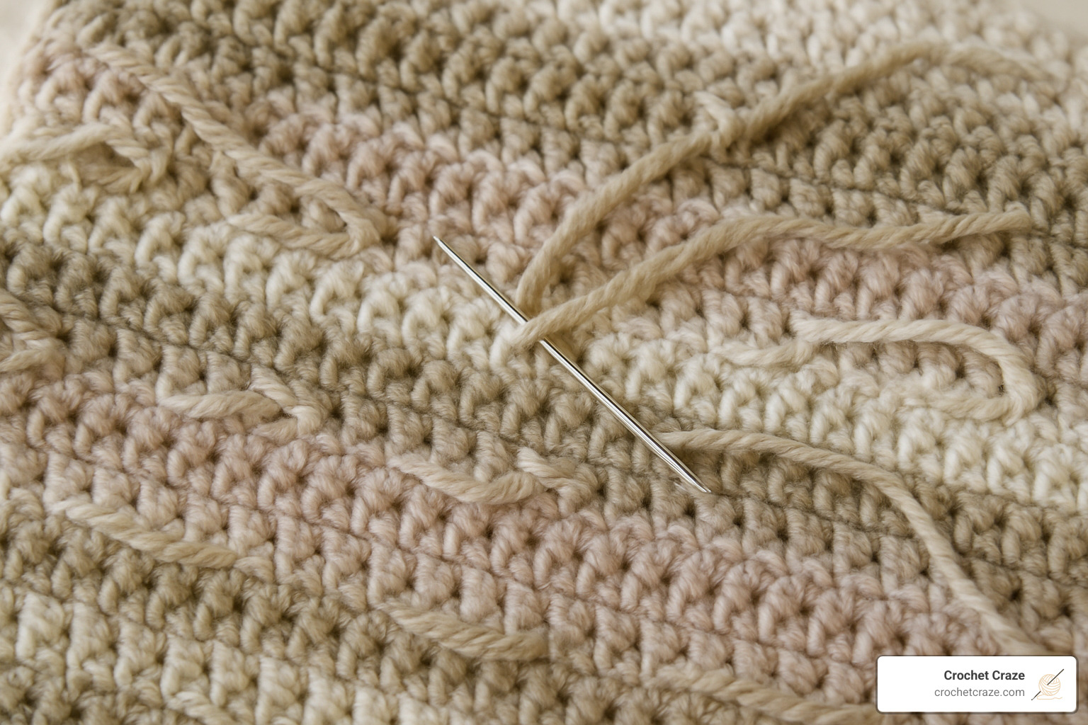 close-up of properly woven in yarn ends on the back of crochet work - how to crochet a blanket for beginners left handed