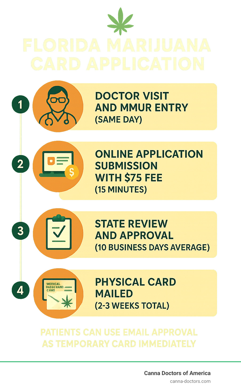 Infographic showing Florida medical marijuana card application timeline: Step 1 - Doctor visit and MMUR entry (same day), Step 2 - Online application submission with $75 fee (15 minutes), Step 3 - State review and approval (10 business days average), Step 4 - Physical card mailed (2-3 weeks total), with note that patients can use email approval as temporary card immediately - Florida marijuana card application infographic