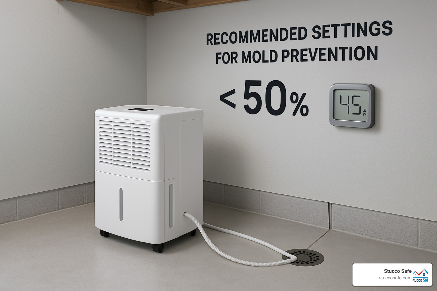 Basement dehumidifier setup showing proper placement away from walls, drain hose connection, and humidity monitoring equipment with recommended settings for optimal mold prevention - home mold test