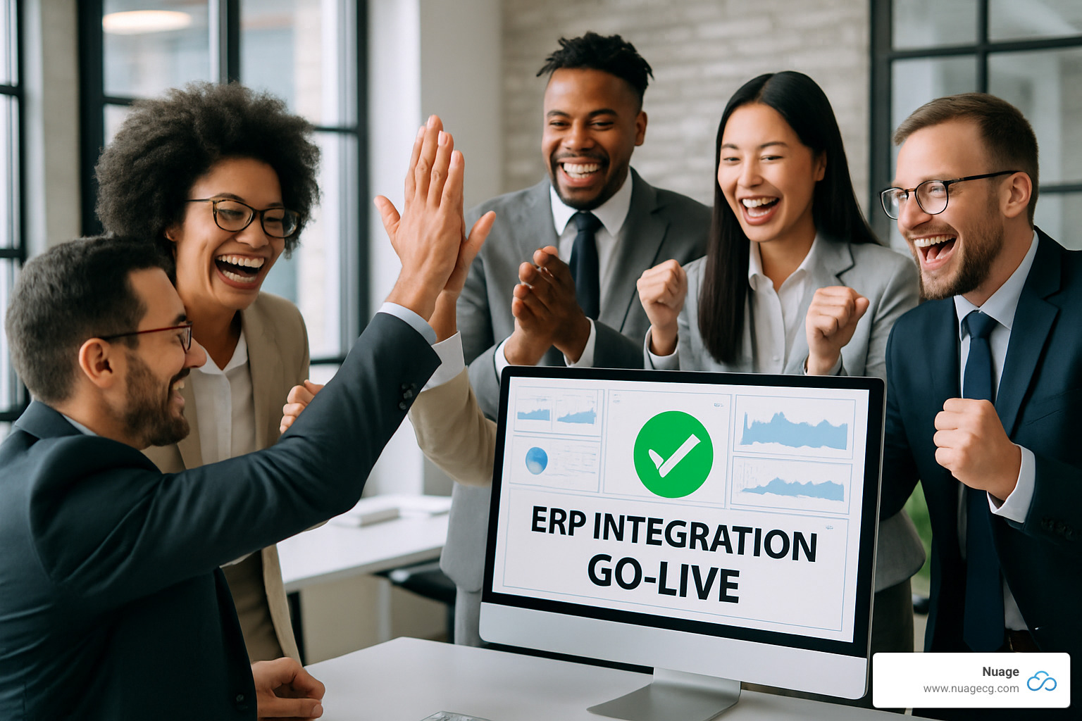 Diverse team celebrating successful ERP integration go-live - Custom ERP integration services