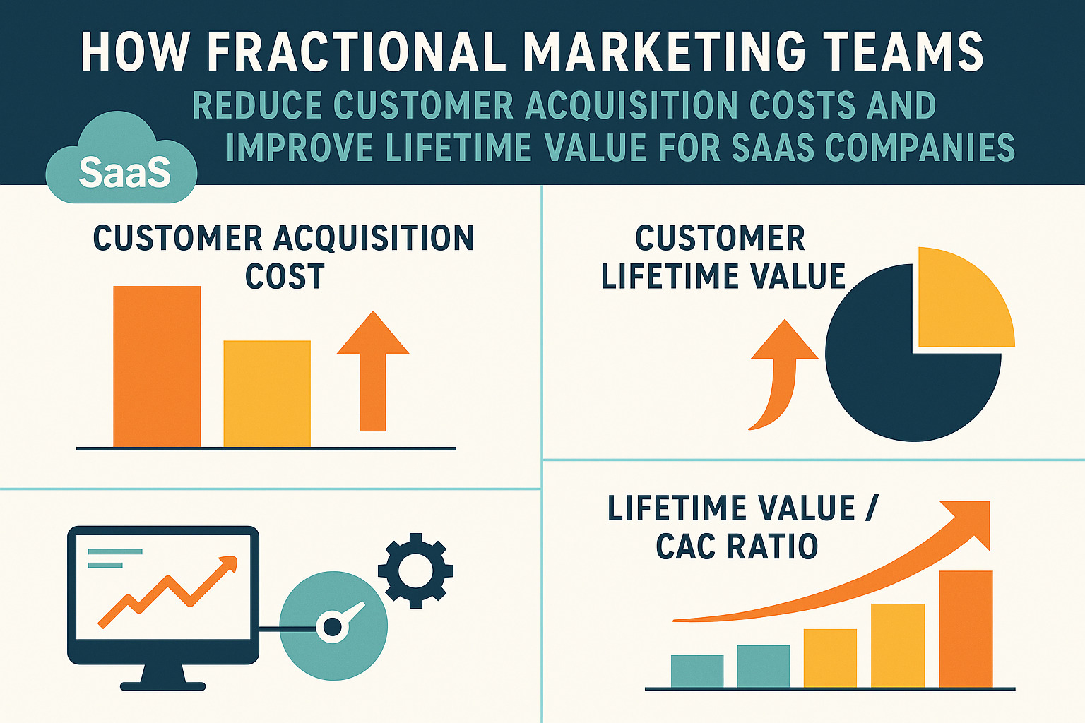 Data showing how fractional marketing teams reduce customer acquisition costs and improve lifetime value for SaaS companies - fractional marketing team for tech infographic. Colors should include #254653, #2a9d8f, #fc7e01, #ffcc3f - fractional marketing team for tech