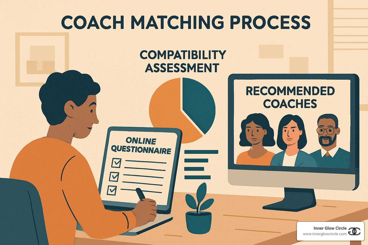 coach matching process showing questionnaire, compatibility assessment, and three recommended coaches - personal empowerment coaching