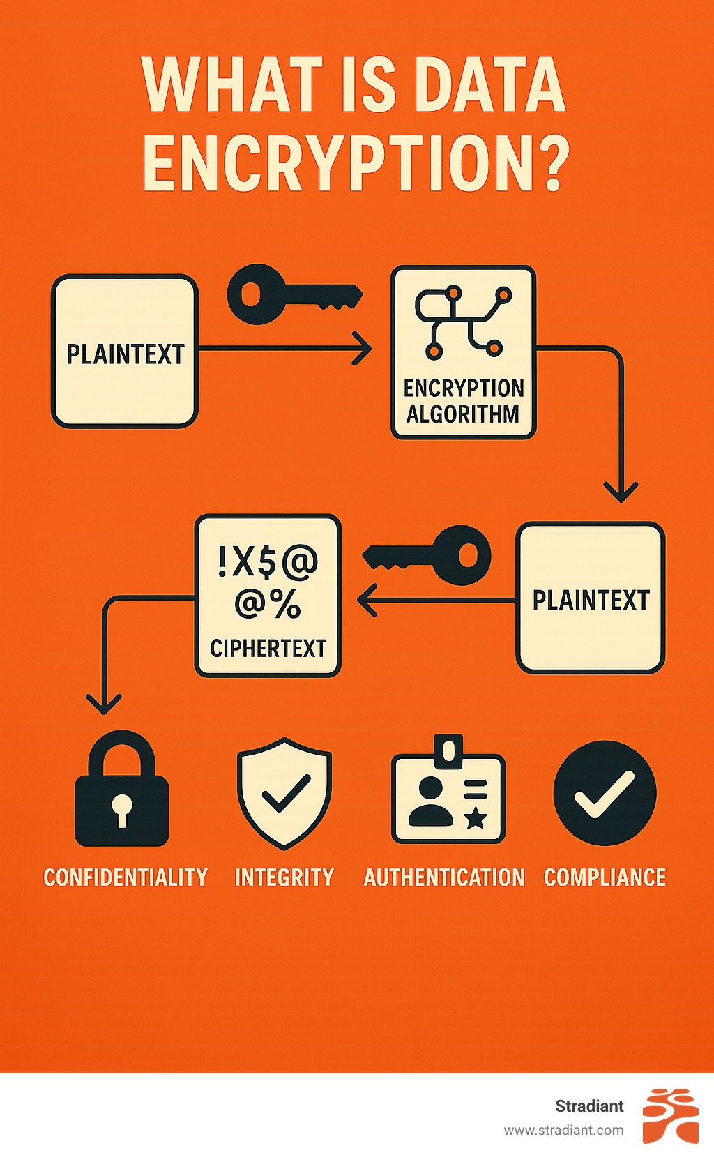 Infographic showing the data encryption process: plaintext enters encryption algorithm with key, produces ciphertext for secure transmission, then decryption algorithm with key converts back to readable plaintext, highlighting the four main benefits of confidentiality, integrity, authentication, and compliance - what is data encryption infographic 