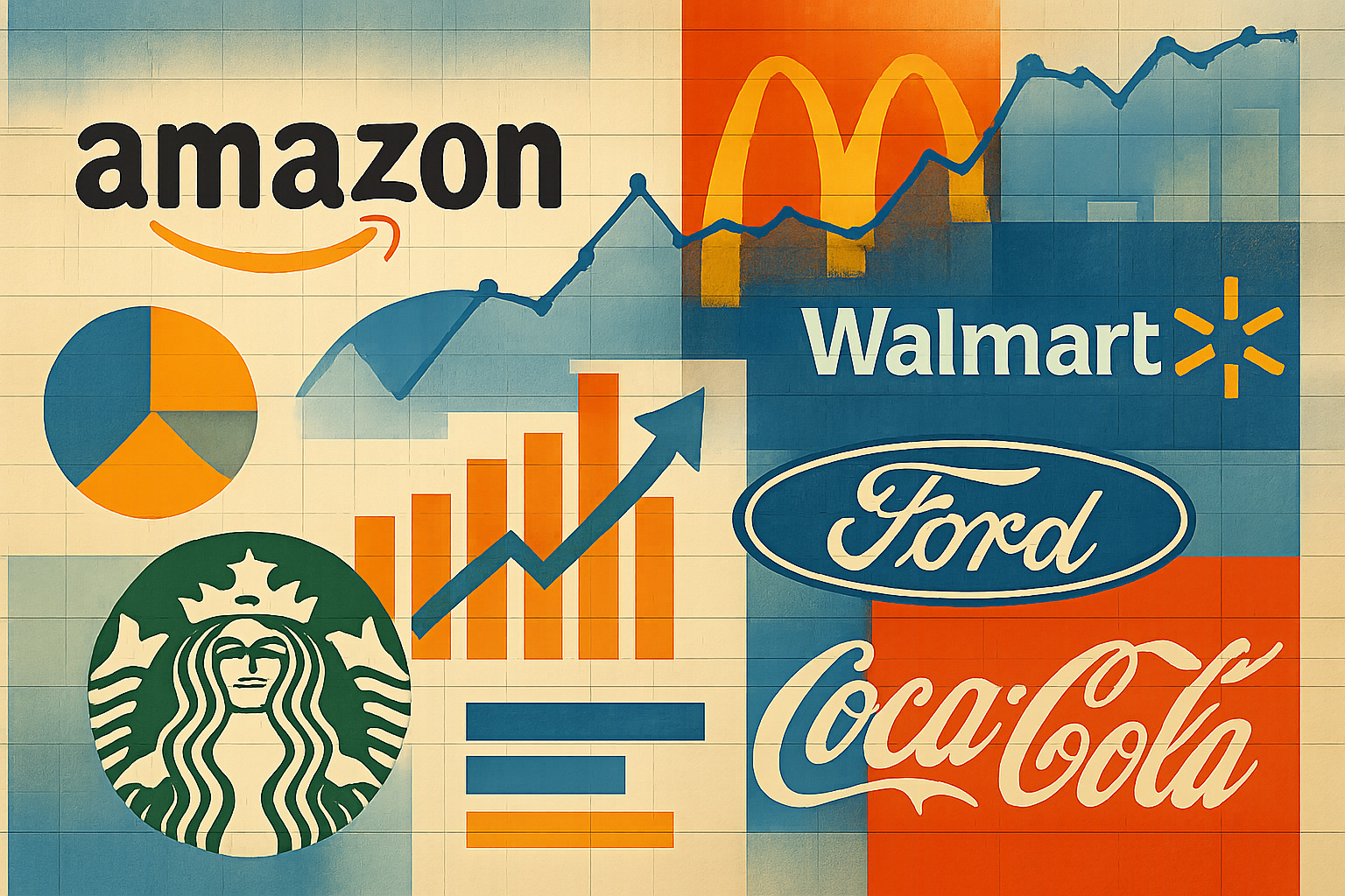 Collage showing various business success stories with data visualizations and company logos - business analysis using data for making effective decisions