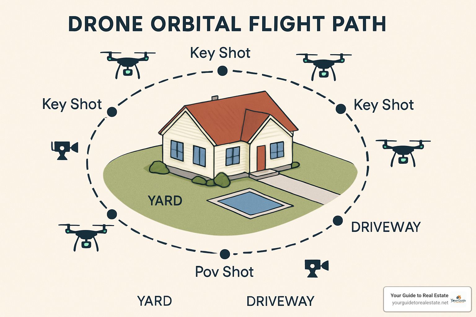 diagram showing orbital flight path around a property with key shot positions marked - drone photography for realtors